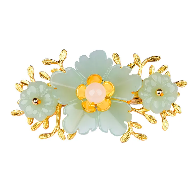 Gold Plated Jewelry - Grüne Jade Blume Haars pange Designer